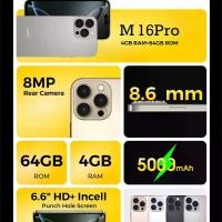 ราคา M 16Pro โทรศัพท์มือถือ 6.8นิ้ว จอHD+ กล้อง8MP หน่วยความจำ64GB+4GB แบตเตอรี่5000mAh รองรับ3G/4G/5G ระบบปฏิบัติการAndroid13.0 ฟังก์ชั่นจดจำใบหน้าและลายนิ้วมือบนหน้าจอ รองรับSIMคู่และGPS (173186500511632