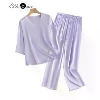 ราคา ชุดเสื้อผ้าบ้าน, ผ้าไหมหม่อนธรรมชาติ 100%, ผ้าซาตินธรรมดา, สีม่วง, สบาย, คอวี, แขนสามส่วน, กางเกง, ชุดสูทสามส่วน, 22 มม. (1732091998335305154)
