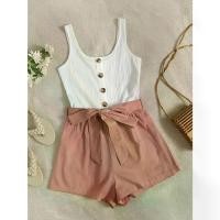 ราคา ชุดรอมเปอร์แขนกุดลำลองสำหรับผู้หญิง, รายละเอียดกระดุม, เสื้อกล้ามลายนูนสีขาว, กางเกงขาสั้นโบสีพีช, จั๊มสูท, เหมาะสำหรับฤดูใบไม้ผลิ/ฤดูร้อน, ซักเครื่องได้, วัสดุผสมโพลีเอสเตอร์, [ (1731928777463858692)