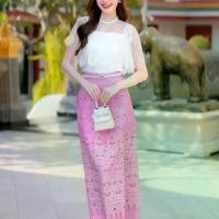 ราคา ￼V274ชุดเซ็ทเสื้อลูกไม้แขนสั้น-กระโปรงผ้าถุงพิมพ์ลายไทย สีชมพู (1730048954728549134)