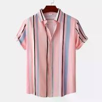 ราคา เสื้อเชิ้ต ลายทาง สีชมพู ทรงหลวม ลำลอง สำหรับผู้ชาย Baju Plus Size พิมพ์ลายทาง สไตล์ปก กระดุม เสื้อฤดูร้อน มีสไตล์ เสื้อเชิ้ตแขนสั้น สีชมพู Man Clothing (1730401371480819731)