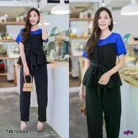 ราคา The Perfect Ladies จั๊มสูทยาวเอวระบายแขนสั้น สีน้ำเงิน (1729550847990598082)