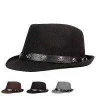 ราคา หมวก Fedora สักหลาดปีกสั้นผู้ชายฤดูใบไม้ผลิฤดูหนาวคลาสสิก QBHAT พร้อมเข็มขัดหัวกะโหลก, หมวกสุภาพบุรุษ Trilby วินเทจปานามา, สีดำ, หมวกและหมวก (1732178582404499441)