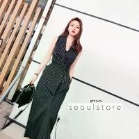 ราคา The Perfect Ladies เดรสตัวยาวทรงคอปก ลายริ้ว+เข็มขัด สีดำ (1729550635789552066)