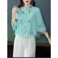 ราคา เสื้อเชิ้ตสไตล์จีน ปักลายดอกไม้และนก คอตั้ง ผ้าไม่ยืดน้ำหนักเบา เหมาะสำหรับผู้หญิง เหมาะสำหรับฤดูใบไม้ผลิ ฤดูร้อน และฤดูใบไม้ร่วง วันหยุด ซักเครื่องได้ ท๊อป pilita เสื้อ ขาว (1731986911651333937)