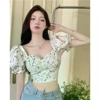 ราคา เสื้อเชิ้ต แขนพอง สำหรับผู้หญิง ใส่หน้าร้อน ดีไซน์สวย ซอก สาวฮอต ชิค ลายดอกไม้ คอเหลี่ยม ทรงสลิมฟิต เสื้อสั้น ท๊อป (1731029576033994786)