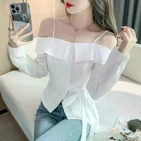 ราคา เสื้อเชิ้ต เปิดไหล่ สีขาว แขนยาว ผู้หญิง สไตล์ใหม่ เสื้อทรงผิดปกติ เสื้อ มัด เอว ลาย ฉลุ เสื้อ สาม ส่วน วินเทจ (1732024489893333261)