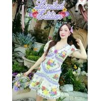 ราคา (Limited มีถึง XL) สีม่วง Orchid Purple Dress เดรสวินเทจผ้าไหมเกาหลีพิมพ์ลาย แต่งระบาย + ดอกกุหลาบ 3D ซิปหลัง มีซับใน / 32นิ้ว / จุด5 ข้ามไซส์ (1732168345472501983)