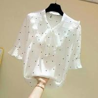 ราคา เสื้อชีฟองลายจุดกุทัณฑ์ สำหรับผู้หญิง แขนสั้น คอวี เสื้อเชิ้ตสีขาว แขนบาน ฤดูร้อน มาใหม่ ลูกค้า 1095 เสื้อ แขน ระบาย ชุด ผ้า ไหม ลาว b lt _ brand เสื้อ ซาติน คอถ่วง เ (1731351524698260739)