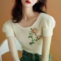 ราคา เสื้อยืดลายดอกเดซี่น้อย ถักนิตติ้ง แขนสั้น สำหรับผู้หญิง สไตล์ใหม่ 2024 เสื้อแอปริคอท Chanel Bubble Sleeve Ins Trend (1731980067362080427)