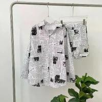 ราคา เชิ๊ตลายหนังสือพิมพ์ ผ้าคอตตอนเนื้อนิ่ม ใส่หลวมๆ ได้ลุคเท่ห์ๆเซอร์ๆ **cotton print fabric** >>เซท (shirt+pant) Freesize -46”(B)ยาว30”(L) เอว-36"(W)สะโพก-42"(H) 490 -ทั้งเซทค่ะ (1731603805829039384)