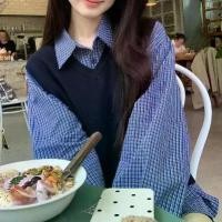 ราคา ชุดเสื้อถักนิตติ้ง สไตล์เรโทรฝรั่งเศส คอวี สำหรับผู้หญิง เสื้อเชิ้ตลายสก๊อตสีน้ำเงินชั้น สไตล์เกาหลี ชุดสองชิ้น outfit style one set ชุด สวย คน อ้วน ไซส์ ใหญ่ ชุด NKNK1 ชุดกางเกงสีชมพู (17318385555257