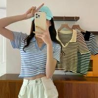 ราคา 1183 เสื้อไหมพรมแขนสั้น เสื้อยืดโปโลแขนสั้น เสื้อไหมพรม เสื้อแฟชั่นหญิง วินเทจ Polo Neck Stripe Knitted Sweater (1729569711606565639)