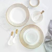 ราคา [จัดส่งทันที] จานชามเซรามิค เนื้อโบนไชน่า จานชาม จาน ชาม ถ้วย ช้อน ถ้วยน้ำจิ้ม เซรามิคแต่งขอบลายตาข่ายทอง สไตล์ยุโรป (1732104489976039827)