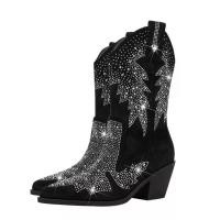 ราคา รองเท้าบูทหุ้มข้อ Rhinestone ตะวันตก, สำหรับผู้หญิง, นิ้วเท้าแหลม, ส้นบล็อก, วัสดุหนังกลับ, แฟชั่น, รองเท้าบูท, [COD] (1732110168661198457)