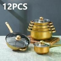 ราคา ชุดเครื่องครัวสแตนเลสสีทอง 12 ชิ้น ประกอบด้วย หม้อ 6 ใบ ฝาแก้ว 6 อัน กระทะไม่ติด และหม้อต้มลึก ทนความร้อน เหมาะสำหรับเตาแม่เหล็กไฟฟ้า (1732298066788779525)
