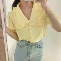 ราคา เสื้อเชิ้ต ผ้าชีฟอง ทรงสลิมฟิต สำหรับผู้หญิง สไตล์เกาหลีใต้ ชิคๆ หน้าร้อน สีเหลืองอ่อนและสีขาว ปลอกคอตุ๊กตา selvedge เชือก กระดุมแถวเดียว เสื้อเชิ้ตทรงหลวม แขนสั้น Lady Clothing Women (173071605339550