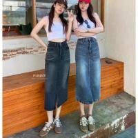 ราคา XANN shop Punny Jeans กระโปรงยีนส์ ทรงยาว แต่งผ่าหน้า ผ้าไม่ยืด แนะนำ (1731771233112983362)