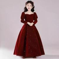 ราคา ชุดเดรส Runway, สำหรับเด็กผู้หญิง, กำมะหยี่สีแดงไวน์, ชุดเจ้าหญิง, เหมาะสำหรับการแสดงเปียโนของสาวน้อย, ES714 (1731511581027108605)