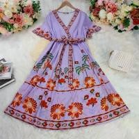 ราคา ชุดเดรส,ชุดเดรสพิมพ์ลาย สีม่วงพาสเทล แขนสั้น คอวีลึก ผ้าโพลีเอสเตอร์ ความยาวชุด=48 แนะนำ (1732054705640604700)