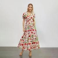 ราคา ชุดเดรส Summer Flowy สำหรับผู้หญิง สไตล์เรียบหรู แขนสั้น คอวี พิมพ์ลายผลไม้ ความยาว Midi (1731460564560414421)