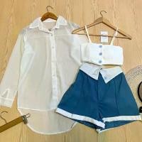 ราคา เซ็ต3ชิ้น ครอปสายเดี่ยว สายเดี่ยว เสื้อคลุมแขนยาว เสื้อชีฟอง กางเกงพับขอบ กางเกงขาสั้น กางเกงทูโทน แนะนำ (1731785250826257979)
