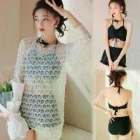 ราคา ชุดว่ายน้ำ Bikini Set 3 ชิ้น ทูพีซสีดำ มีเสื้อคลุมบิกินี่แขนยาวซีทรู แต่งลูกไม้สีขาว (1732308869201954136)