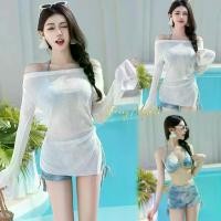 ราคา ขุดว่ายน้ำ ชุดออกกำลังกาย Bikini set 3 ชิ้น ทูพีช ลายมัดย้อมสีฟ้าพาสเทล+เสื้อคลุมแขนยาวสีขาว (1732266733353010711)