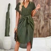 ราคา Solid Color Sitt Wrap Short Dress Short Sleeve Loose Tie Knot Dress Spring Autumn High-end Women's Dress (1732273005600212470)