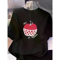 ราคา เสื้อยืดลำลองผู้หญิง พิมพ์ข้อความ "My favorite fruit is apple" เสื้อยืดคอกลมแขนสั้น สีดำ ลายแอปเปิ้ลแดง ไอเทมที่ต้องมีสำหรับฤดูใบไม้ผลิและฤดูร้อน เสื้อยืดผู้หญิง (1731940161982989741)