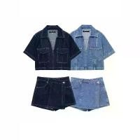 ราคา Women's Casual Pocket Decorated Denim Shirt Asymmetric Skirt Pants (1732253245798057286)