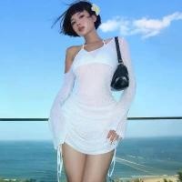 ราคา European and American Women's Clothing 2025 Spring and Summer New Sex Fashion Sexy Cutout See-through Diagonal Collar Seaside Beach Hip Bag Dress (1732141622948628471)