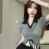 ราคา Summer Pure Desire Polo Collar Irregular Hem Drawstring Slimming V-Neck Retro Short Sleeve T-Shirt for Women Sweet and Spicy Short Top (1731895598413612626)