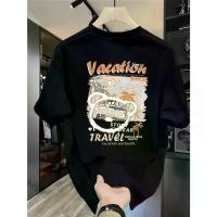 ราคา 100% Cotton Men's Graphic T-Shirt - Comfortable Summer T-Shirt with 'Holiday' Print, Short Sleeve, Belt Collar, and Palm Tree Design. Lightweight and Breathable for Casual Wear, (1731721775789278462)