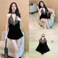 ราคา (พร้อมส่ง) Kulist28 Jumpsuit จั้มสูทขาสั้นผ้ากำมะหยี่โบว์ใหญ่ (1731442121479392084)