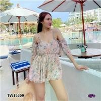 ราคา The Perfect Ladies Jumpsuit จั้มสูทสายเดี่ยวขาสั้นไหล่ปาดลายดอกไม้ สีเทา (1729550846576134594)