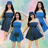 ราคา KT18913 Jumpsuit จั้มสูทยีนส์ เกาะอก ขาสั้น .. (1731402989488473267)