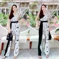 ราคา TW13562 Jumpsuit จั๊มสูทขายาว ทรงไขว้ป้ายอก ทรงแขนกุด เนื้อผ้าอิตาลี ตัดต่อผ้าสลับสีพื้น (1729637404266760343)