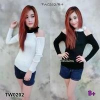 ราคา TW0202 เสื้อไหมพรมแขนยาวเว้าไหล่ ผูกโบว์ Long-sleeve silk blouse with off-the-shoulder bow tie (1729636519490521975)