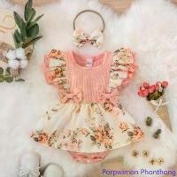 ราคา Porpwimon Phonthong Baby Girls Cute Elegant Ribbed Romper With Floral Print Bow Decoration & Bow Headband Set For Summer Newborn Baby Dresses Baby Girl One-piece Dresses (1732073214082713035)