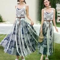 ราคา Ethnic Style Dress Thai Style Travel Vacation Casual Strap Blue Print Summer Loose Flared Dress (1732428143215281725)
