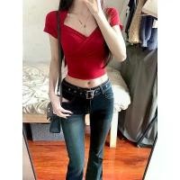 ราคา เสื้อยืดเปิดไหล่ สีแดง คอวีไขว้ แขนสั้น สำหรับผู้หญิง ใส่หน้าร้อน ทรงสลิมฟิต เอวกระชับสัดส่วน เสื้อครอปสาวฮอต เสื้อรัดรูป binder เสื้อ baby tee เสื้อ เข้า รูป always wonder shirt (1731380003391702140)