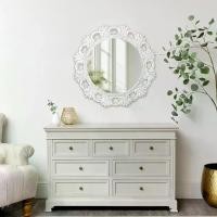 ราคา กระจกวงกลม สไตล์วินเทจ 24 นิ้ว สำหรับติดผนังและแขวน ดีไซน์ Fleur De Lis สีขาวขัดเงา กระจกกรอบไม้แกะสลัก ตกแต่งผนัง กระจกตกแต่งทรงกลมแฮนด์เมด เหมาะสำหรับห้องนั่งเล่น ห้องน้ำ และห้องนอน (173246703935779