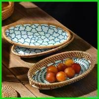 ราคา narcisshop แบบพกพา ceramic จานเปล กระเบื้อง จานเซรามิก หวายธรรมชาติ ถาดกระเบื้อง ใส่อาหาร (1730740796067908602)