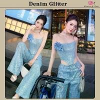 ราคา Widelia สียีนส์ Denim Glitter Set ชุดเซ็ต 2 ชิ้น เสื้อเกาะอกกับกางเกงขายาว เนื้อผ้ายีนส์ปักเลื่อม ตัวเสื้อมีเข็มกัดดอกไม้ ซิปหลัง กางเกงมีกระเป๋าล้วง (1731938075798897855)