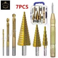 ราคา Tenda 7 Pcs of step drill woodworking pull slot saw drill center punch set set of triangular handle drill bit high speed steel pagoda drill set (1732317662378297707)