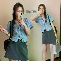ราคา Chili Koko เสื้อเชิ้ตคอโปโลลายทางสีน้ำเงินแขนสั้น เสื้อแขนสั้นเอวลอยแฟชั่นเกาหลีสลิมของผู้หญิงฤดูร้อน w577 แนะนำ (1732061312152667667)