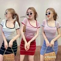 ราคา มินิเดรส สีพาสเทล แต่งทูโทนทอคาดลายเส้นตัดสี ทรงคอเหลี่ยมแขนสั้นผ้าไหมพรมงานสวย พริกแดง Chili E301A (1729465428251674843)