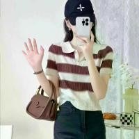 ราคา Grace&Chili M0121 เสื้อครอปไหมพรมแขนสั้น เสื้อคอปกแขนสั้น ผ้าไหมพรมลายทาง คอปก ผู้หญิง Clothing (1729741668969777630)
