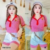 ราคา KT15410 Set 2 ชิ้น เสื้อครอปลายสก็อตปักหมี + กางเกงขาสั้น Set of 2 pieces: plaid crop top with bear embroidery + shorts. (1730075865077745843)